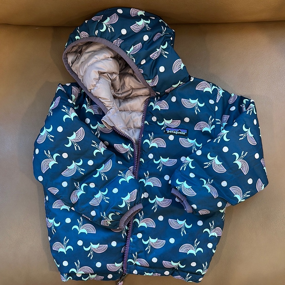 Patagonia Reversible Down Toddler Hooded Jacket in Blue and Purple